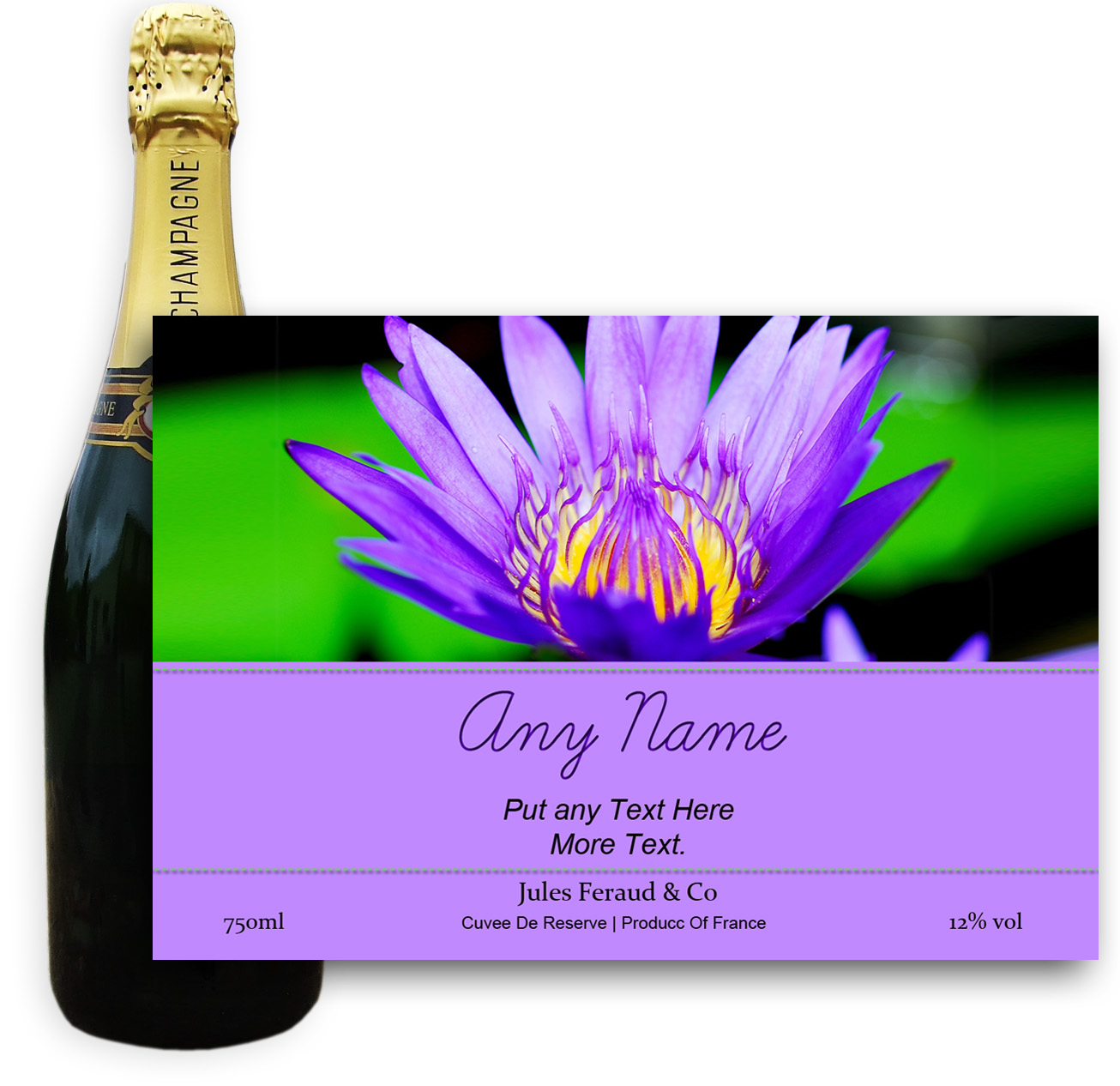 Buy Personalised Champagne - Purple Flower Label